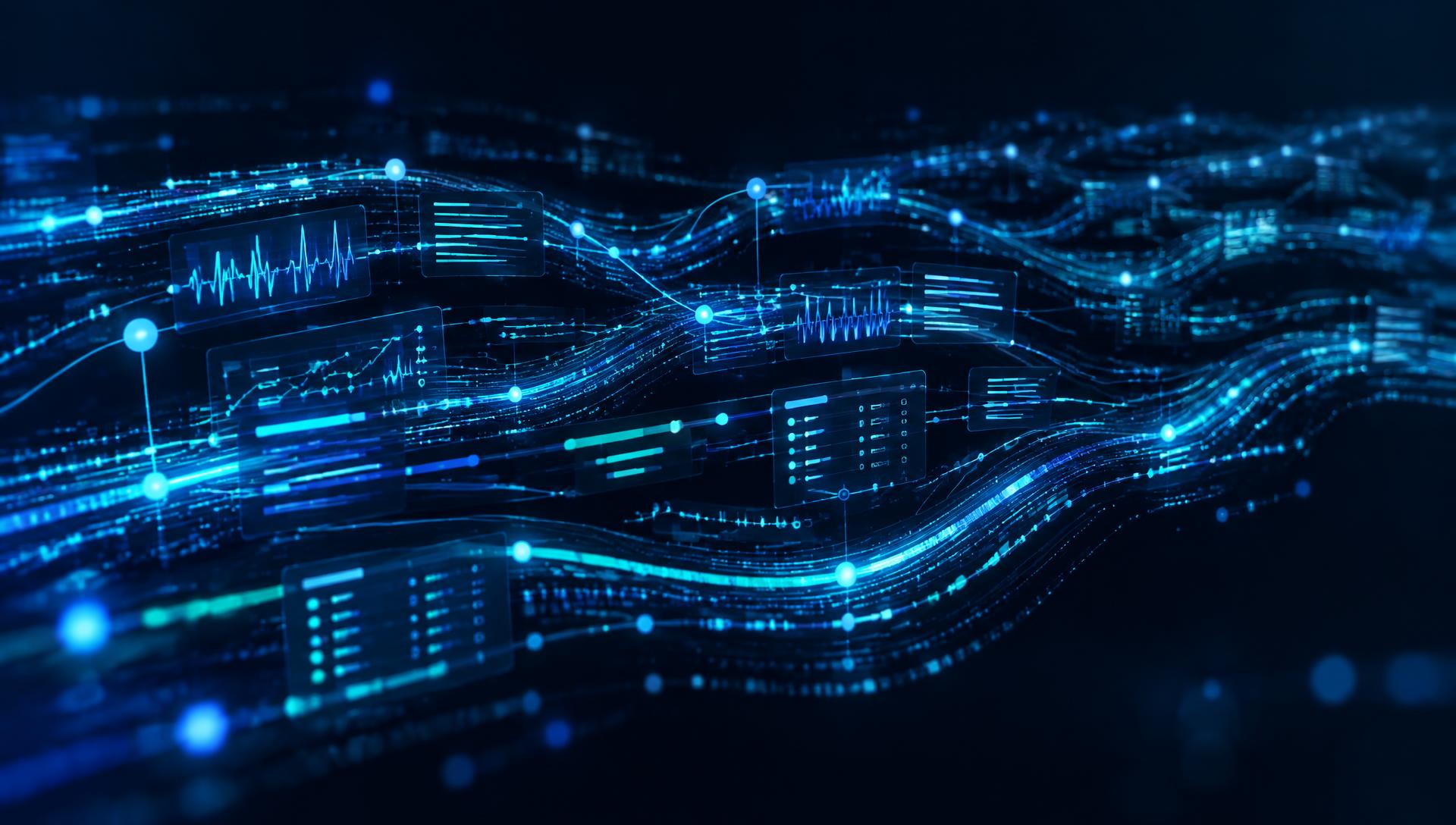 Streams of longitudinal patient data flowing across a connected clinical network